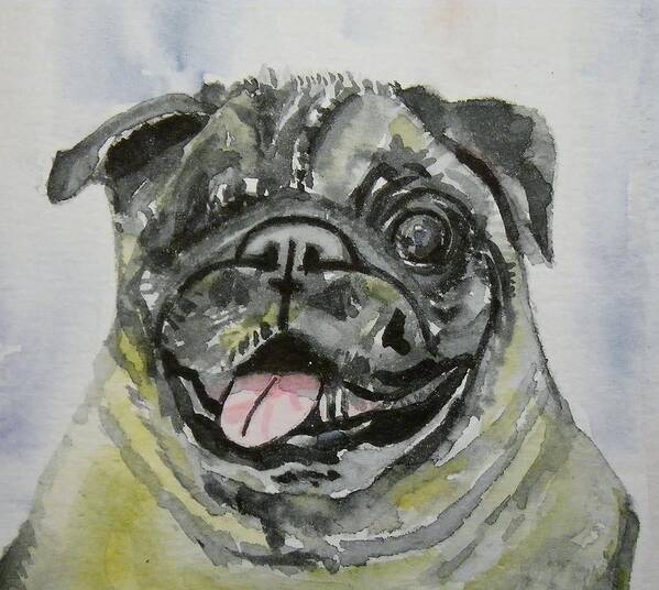 Dog Art Print featuring the painting One Eyed Pug Portrait by Anna Ruzsan