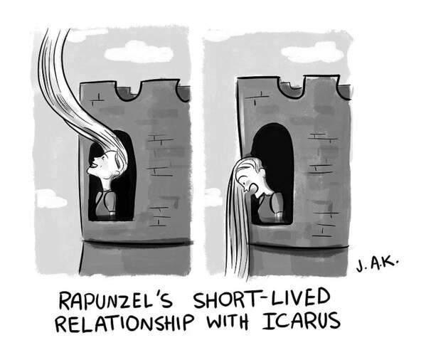 Rapunzel's Short-lived Relationship With Icarus Rapunzel Art Print featuring the drawing Rapunzel and Icarus by Jason Adam Katzenstein