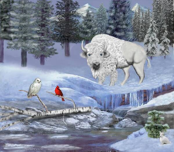 Great White Buffalo Art Print featuring the digital art Serenity by Glenn Holbrook