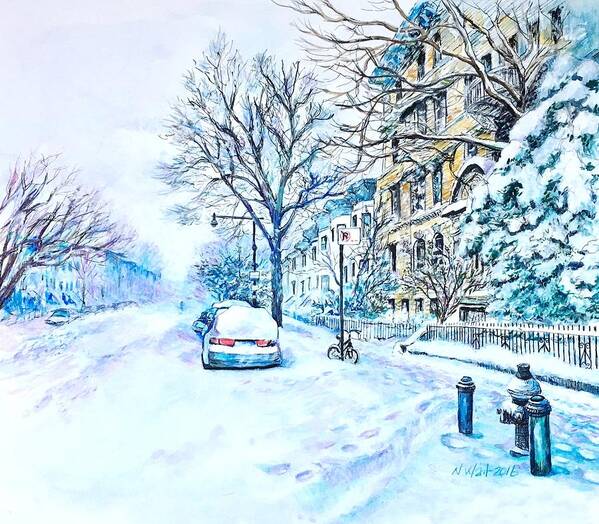 Cityscape Art Print featuring the painting Snowy Day Brooklyn by Nancy Wait