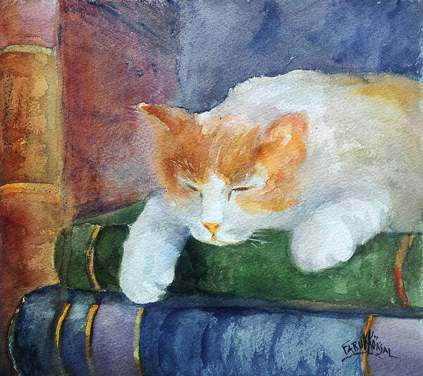 Cat Art Print featuring the painting Sweet Dreams On The books by Faruk Koksal