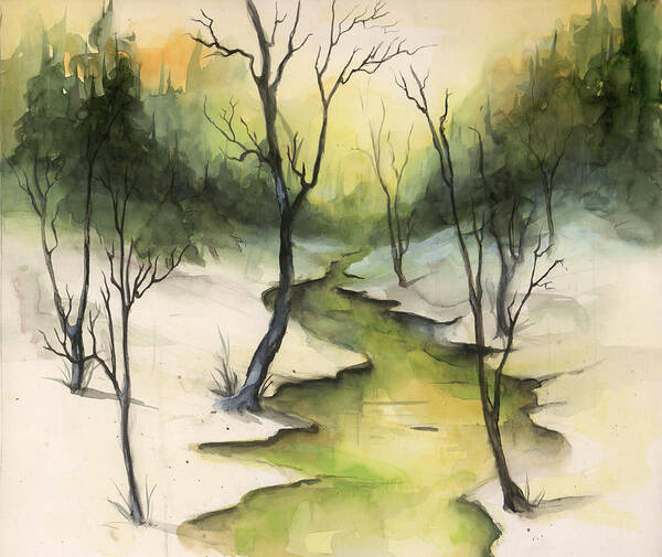 Snowy Woods Art Print featuring the painting The Greenwood by Terry Webb Harshman