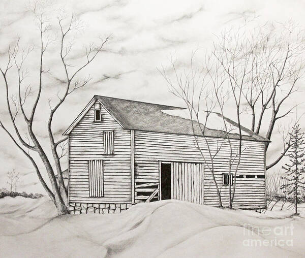 Trees Art Print featuring the drawing The Old Barn inWinter by John Stuart Webbstock