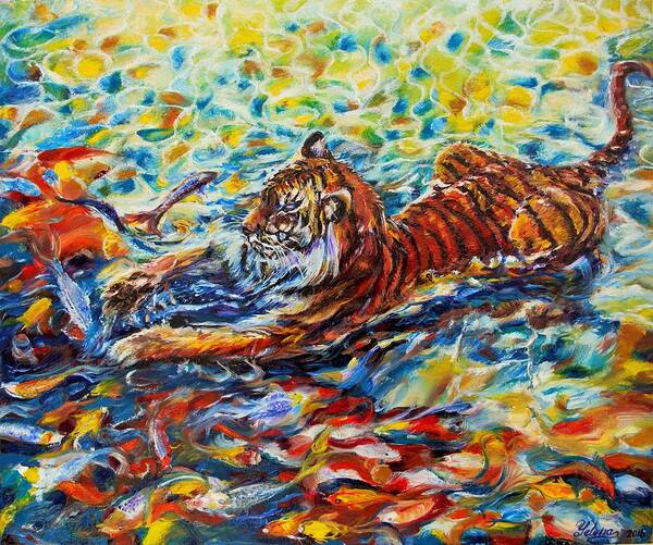 Tiger Art Print featuring the painting Tiger Snack by Yelena Rubin