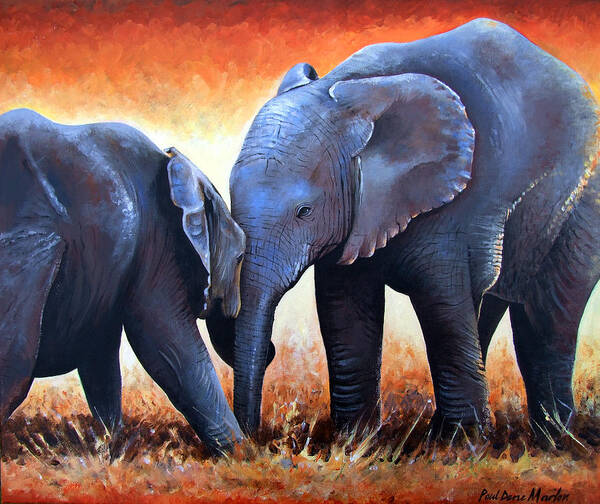 Elephants Art Print featuring the painting Two Little Elephants by Paul Dene Marlor