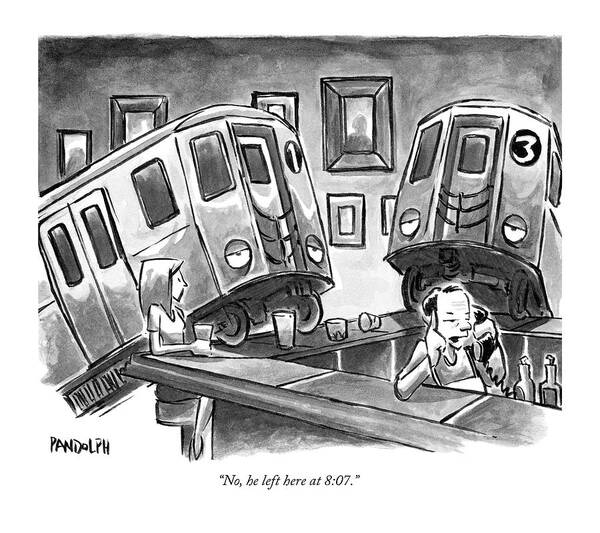 Subway Art Print featuring the drawing Two Subway Trains Sit Drunk At A Bar by Corey Pandolph