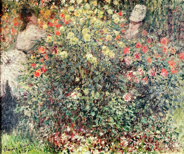 Women In The Flowers Art Print featuring the painting Women in the Flowers, 1875 by Claude Monet