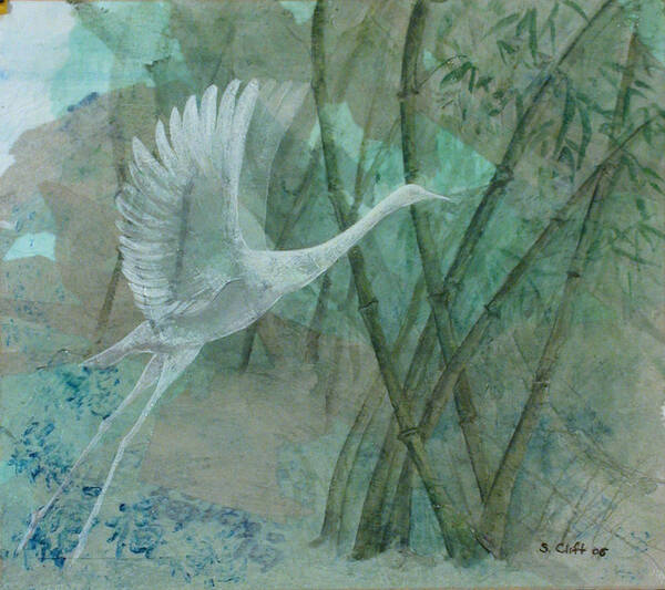 White Crane Art Print featuring the painting Zen Morning by Sandy Clift