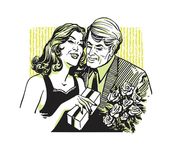 Adult Art Print featuring the drawing Happy Couple with Gifts and Flowers #1 by CSA Images
