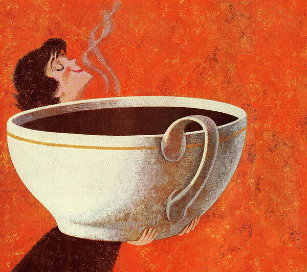 Adult Art Print featuring the drawing Woman Smelling Giant Cup of Coffee #1 by CSA Images