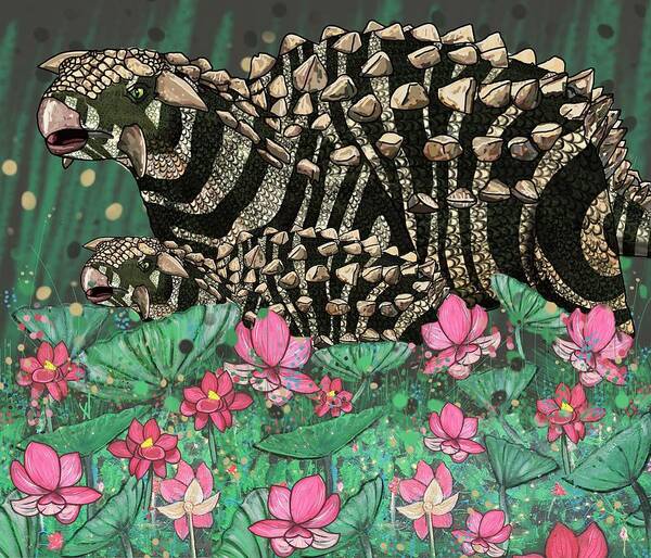 Dinosaur Art Print featuring the mixed media Ankylosaurus in Lilies by Joan Stratton
