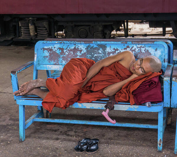 Monk Art Print featuring the photograph Burmese monk resting on bench by Ann Moore