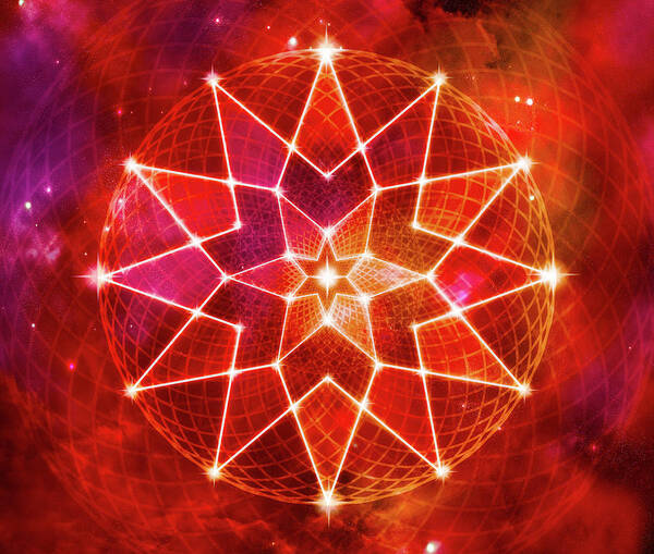 Seed Of Life Art Print featuring the digital art Cosmic Geometric Seed of Life Crystal Red Lotus Star Mandala by Laura Ostrowski