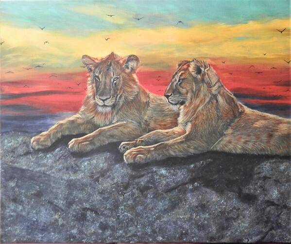 Lion Art Print featuring the painting Lion Sunset by John Neeve