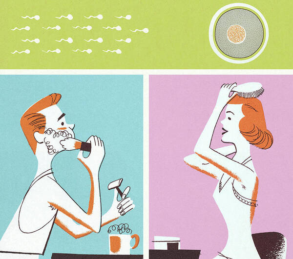 Adult Art Print featuring the drawing Man and Woman Primping and Sperm and Egg by CSA Images