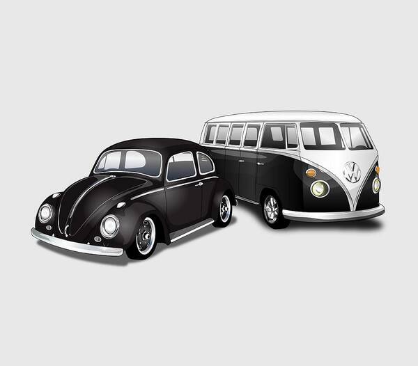 Bug Art Print featuring the digital art Pair of Black Volkswagens Bus and Bug by Jim Schuett