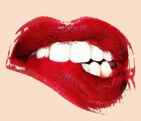 Metal Art Print featuring the painting Sexy Lip Bite Mouth Lipstick by Tony Rubino