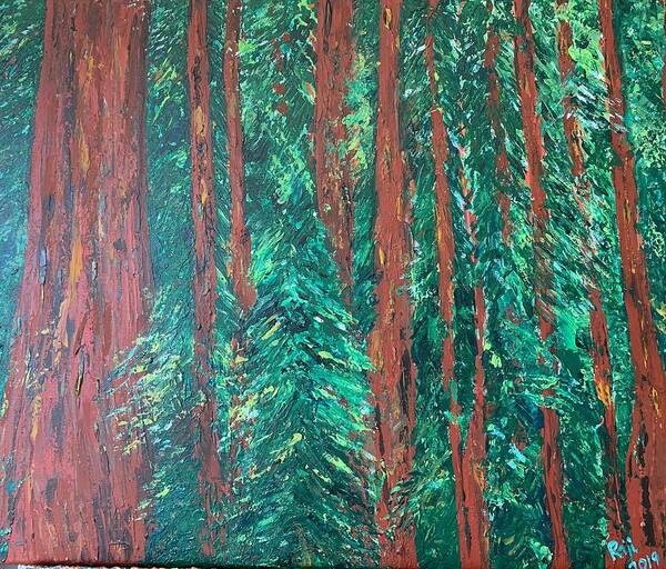 Yosemite Redwood Trees Art Print featuring the painting Yosemite Redwoods by Raji Musinipally