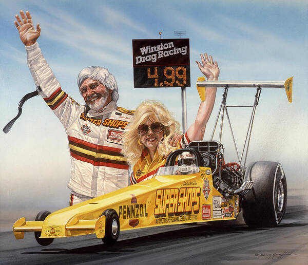 Nhra Funny Car Hell Fire Nitro Top Fuel Dragster Kenny Youngblood John Force Art Print featuring the painting First in the Fours #1 by Kenny Youngblood