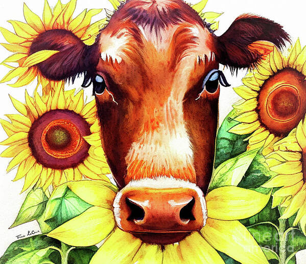 Brown Cow Art Print featuring the painting Brown Cow In The Sunflowers by Tina LeCour