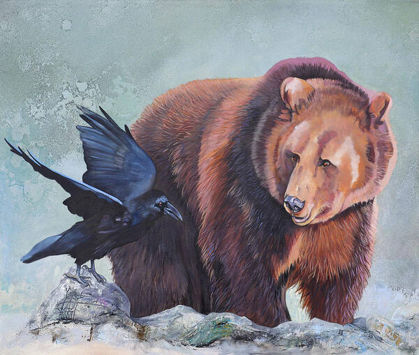 Bear’ Ursa Major Art Print featuring the painting Grizzly and the Raven by J W Baker