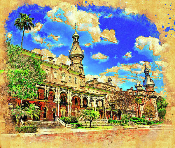 Henry B. Plant Museum Art Print featuring the digital art Henry B. Plant Museum in Tampa, Florida - digital painting with vintage look by Nicko Prints