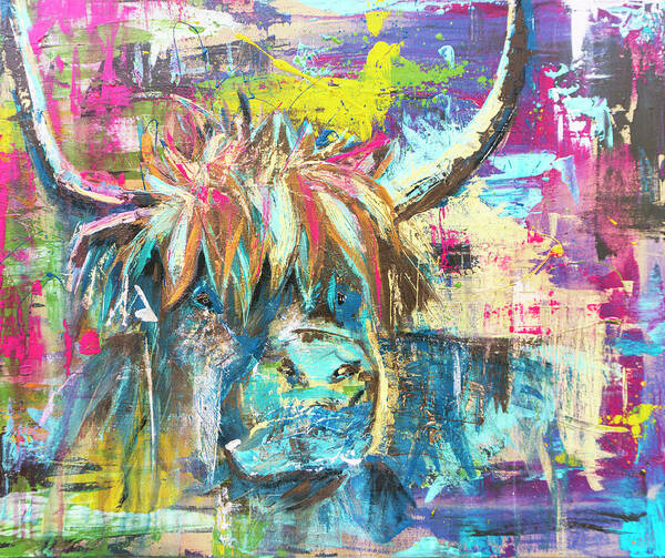 Highland Cow Art Print featuring the painting Highland Cow Bull Pink Blue Abstract Rustic Farmhouse by Joanne Herrmann