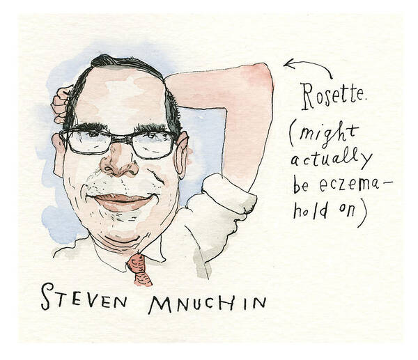 Beyond Roger Stone: Tats From The Capital Art Print featuring the painting Mnuchin Rosette by Barry Blitt
