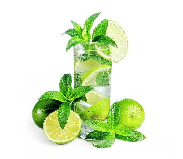 Mojito Art Print featuring the photograph Mojito cocktail with ice isolated over white background. by Jelena Jovanovic