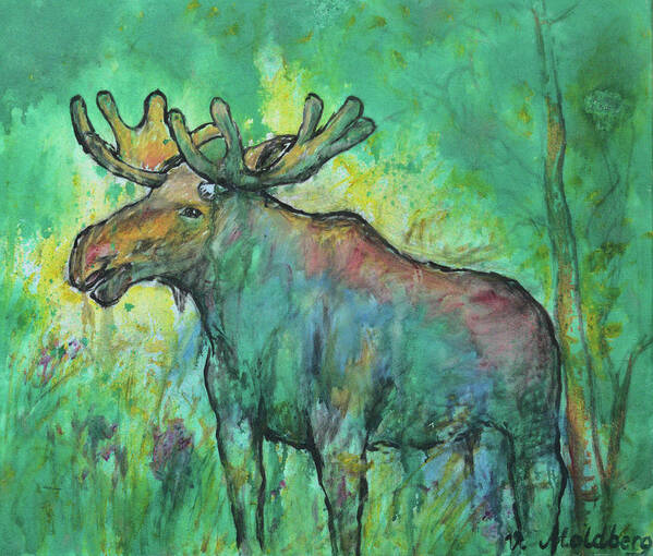 Moose Art Print featuring the painting Moose in the woods by Vibeke Moldberg