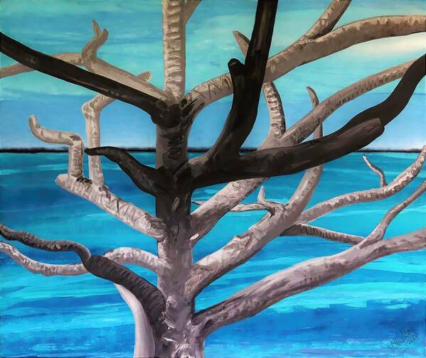 Beach View Art Print featuring the painting Tree and Beach by Joan Stratton