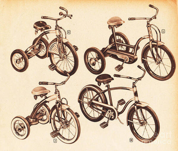 Retro Art Print featuring the mixed media Vintage Catalog Toys Bicycles by Sally Edelstein
