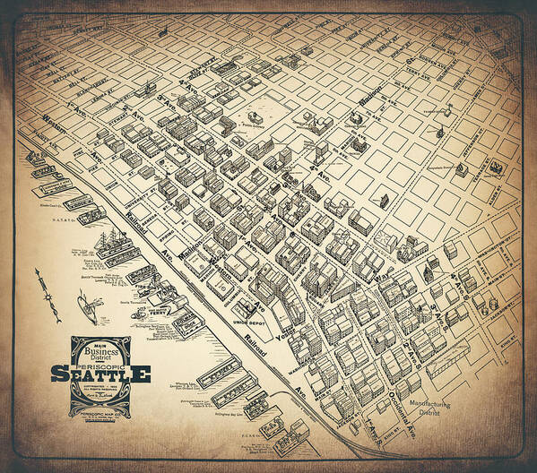 Seattle Art Print featuring the photograph Vintage Map Seattle Business District 1903 Sepia by Carol Japp