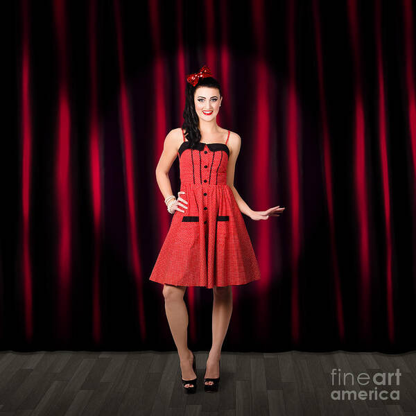 Stage Art Print featuring the photograph Dancing woman wearing retro rockabilly dress #1 by Jorgo Photography