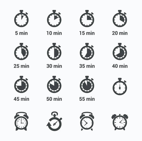 Black Color Art Print featuring the drawing Time Clock Icon Set #1 by Artvea