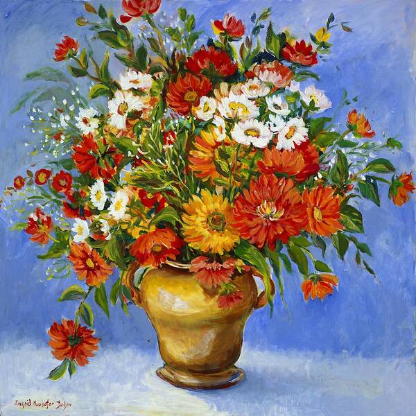 Flowers Art Print featuring the painting Zinnias #2 by Ingrid Dohm