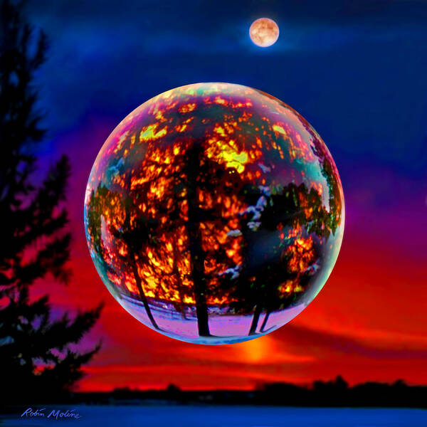 Sunset Moonlight Art Print featuring the painting Full Moon over New Richmond sunset by Robin Moline