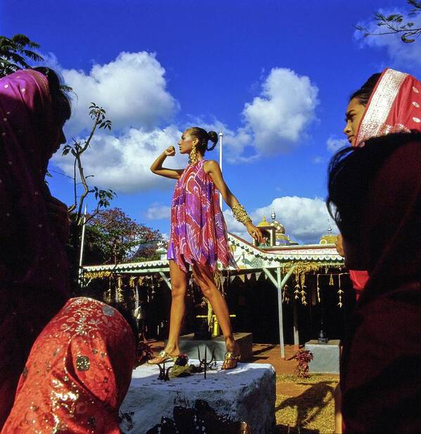 Fashion Art Print featuring the photograph Marisa Berenson Wearing A Print Dress #2 by Arnaud de Rosnay
