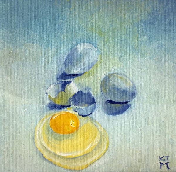 Eggs Art Print featuring the painting 3 Eggs on Blue by Katherine Miller