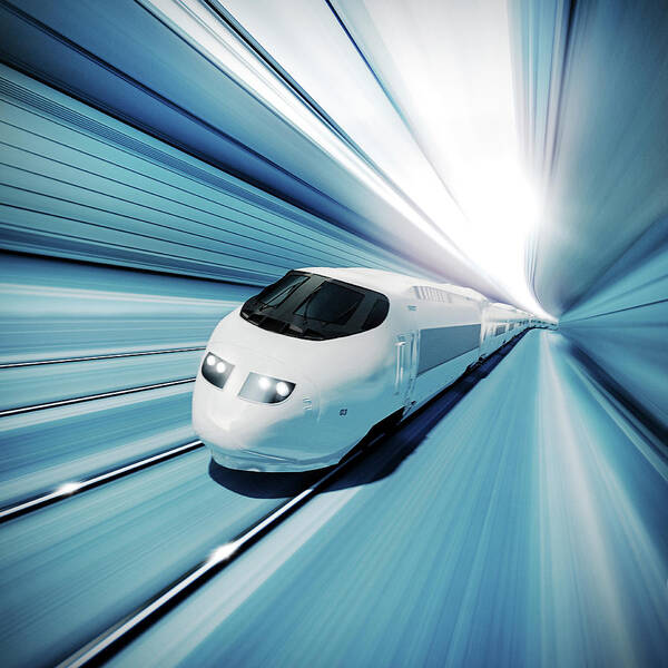 Train Art Print featuring the digital art A Fast Modern Train Speeding Through A by Doug Armand