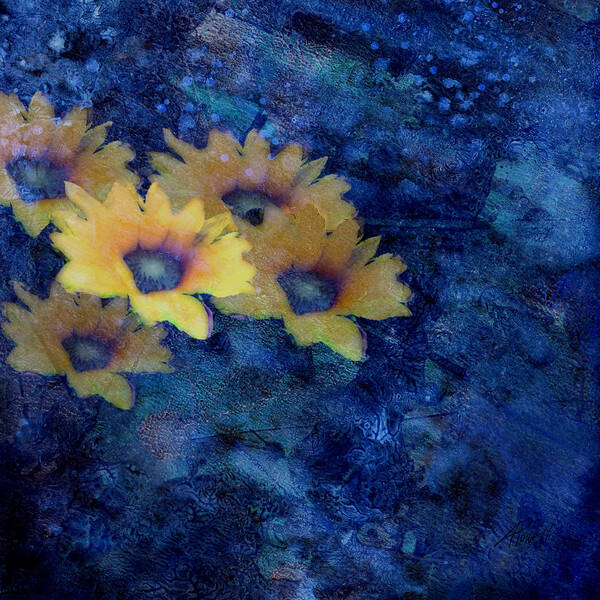 Flower Art Print featuring the mixed media Abstract Daisies on Blue by Ann Powell