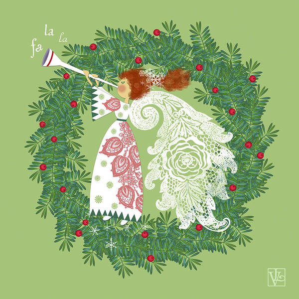 Christmas Art Print featuring the digital art Angel with Christmas Wreath by Valerie Drake Lesiak