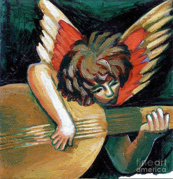 Angel Art Print featuring the painting Angel With Lute by Genevieve Esson