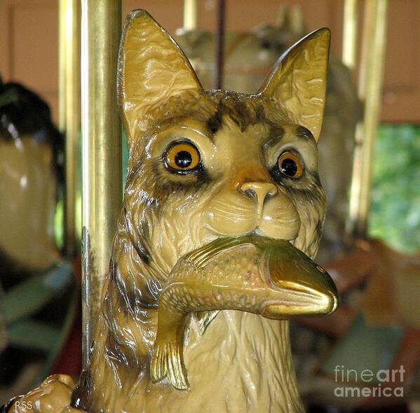 Cat Art Print featuring the photograph Antique Dentzel Menagerie Carousel Cat with Fish in Rochester New York by Rose Santuci-Sofranko