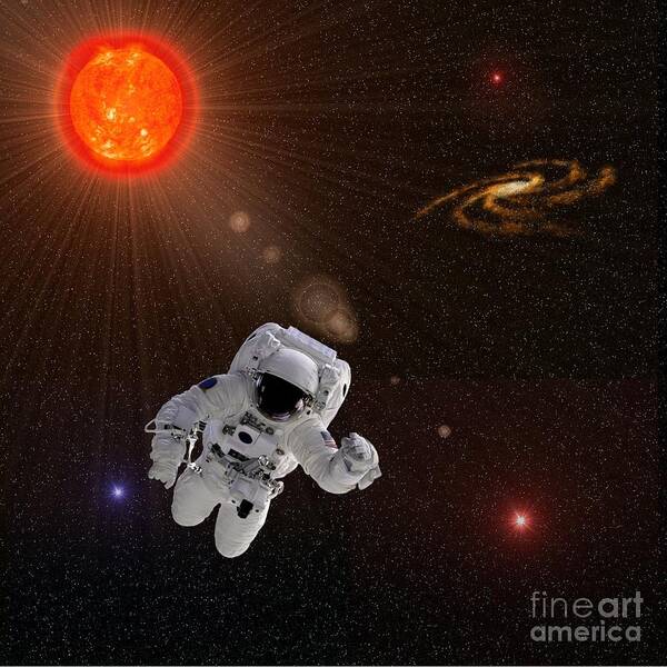 Suit Art Print featuring the photograph Astronaut And Sun With Stars by Henrik Lehnerer
