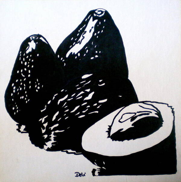 Avocados Art Print featuring the painting Avocados in Black and White by Debi Starr