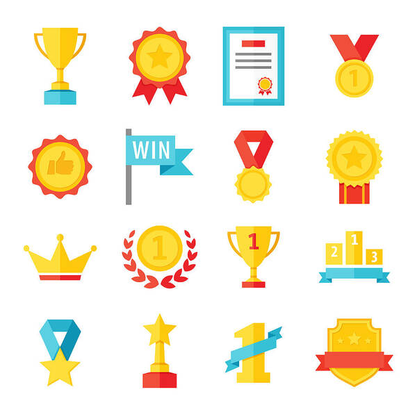 Crown Art Print featuring the drawing Award, trophy, cup and medal flat icon set - color illustration by Pop_jop
