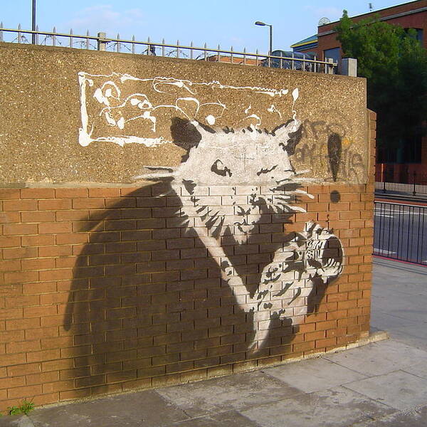 Graffiti#street#art#popart#urban#mural#hip Hop#kulture#banksy#popart#rat#london Art Print featuring the photograph Banksy The Rat London by Arik Bennado