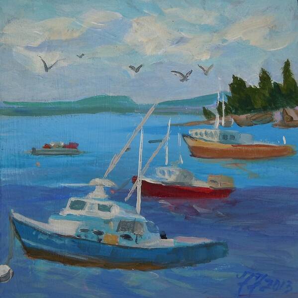 Seascape Art Print featuring the painting Bar Harbor Lobster Boats by Francine Frank