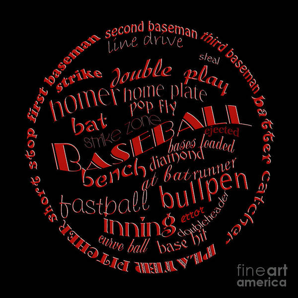 Baseball Art Print featuring the digital art Baseball Terms Typography Red On Black by Andee Design